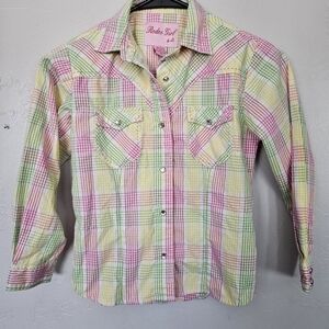 Rodeo Girl by Liz Girls Medium Pink Yellow Green Plaid Button-Up Shirt Western
